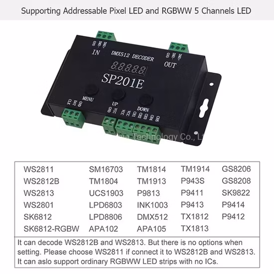 DMX512 디코더 컨트롤러 Sp201e DC5V 24V Spi 신호 주소 지정 가능 IC RGB LED 픽셀 5 채널 PWM 출력 2811 2812 1903 스트립